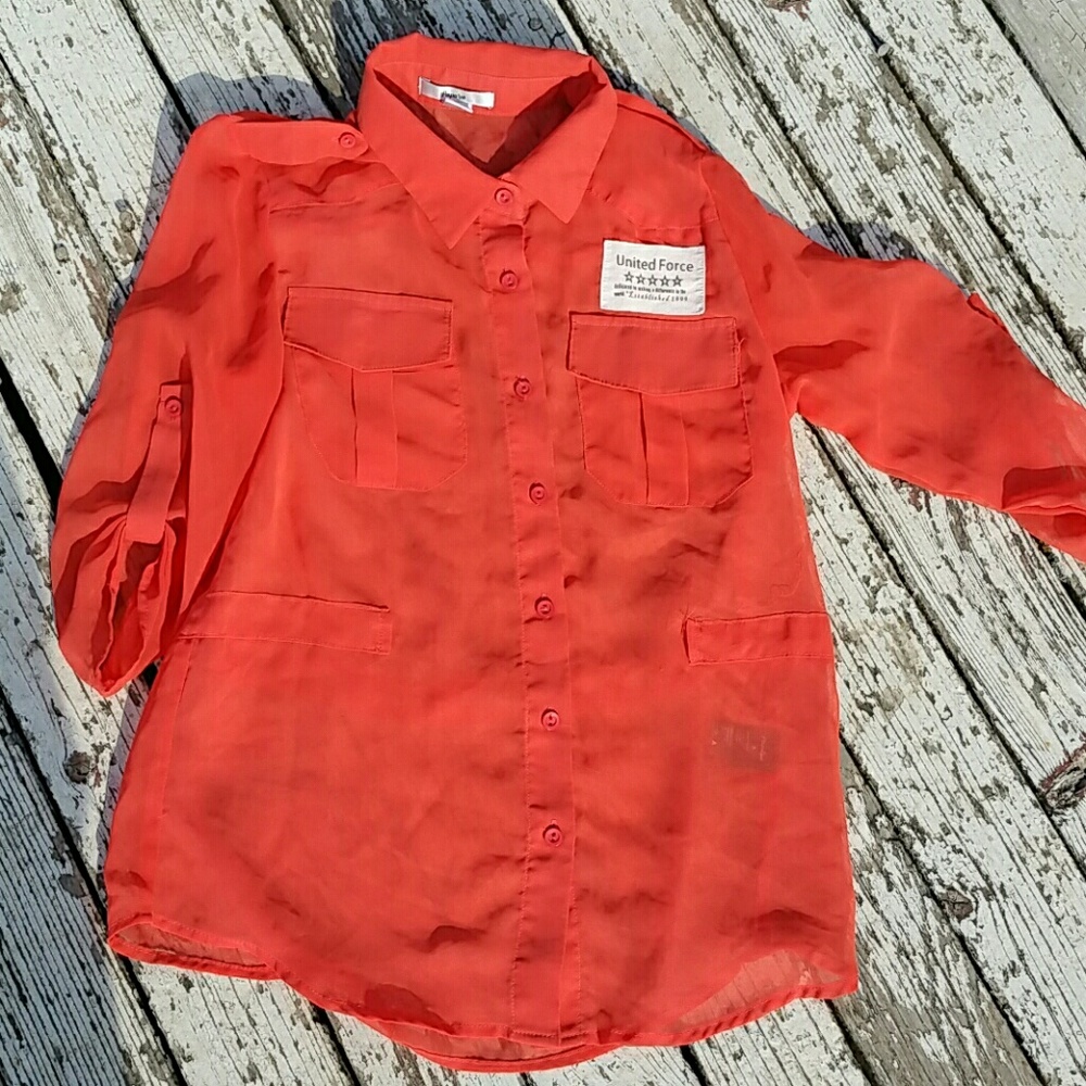 Sheer papya blouse with United Force logo. Perfect for Halloween office parties